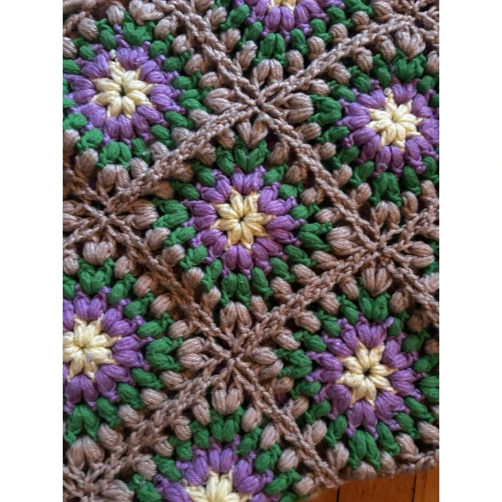 Handmade Crocheted Granny Square Colorful Flower Knit Afghan‎ Vintage Blanket